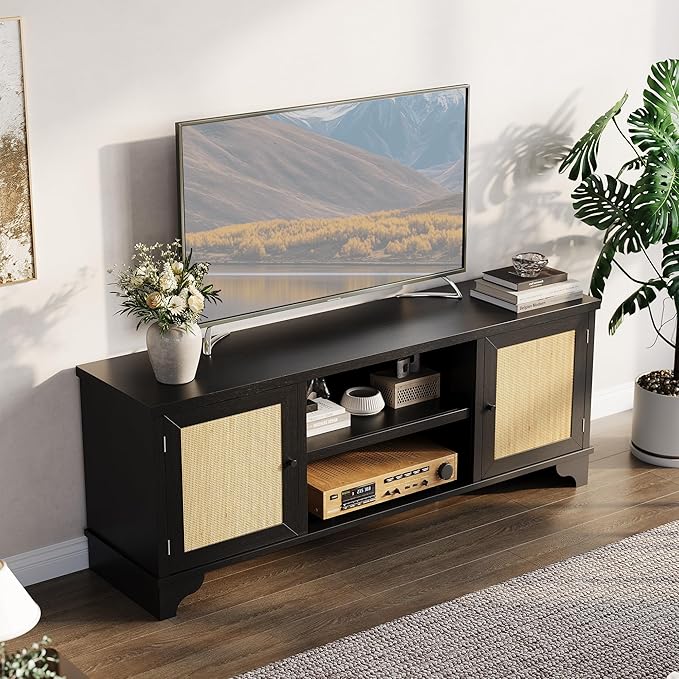 GAOMON Rattan TV Stand Fits TVs Up to 70 Inches, Farmhouse Entertainment Center with Cabinets and Open Shelves, Wooden Media Console Table for Living Room, Black
