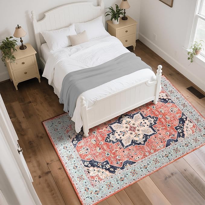 Living Room Rug 6x9 Rug, Machine Washable Area Rug Non Slip Low Pile Vintage Rug for Living Room, Bedroom, Farmhouse, Dining Room, Kids Playroom, Red&Blue