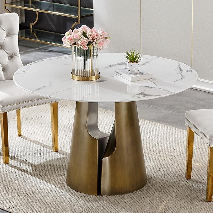 5-Piece Faux Marble Round Dining Table Set for 4, Modern Luxury Kitchen Table Set for 4 with Green Tufted Chairs,Circle Dining Tables with White Marble Grain Top and Bronze Pedestal Base