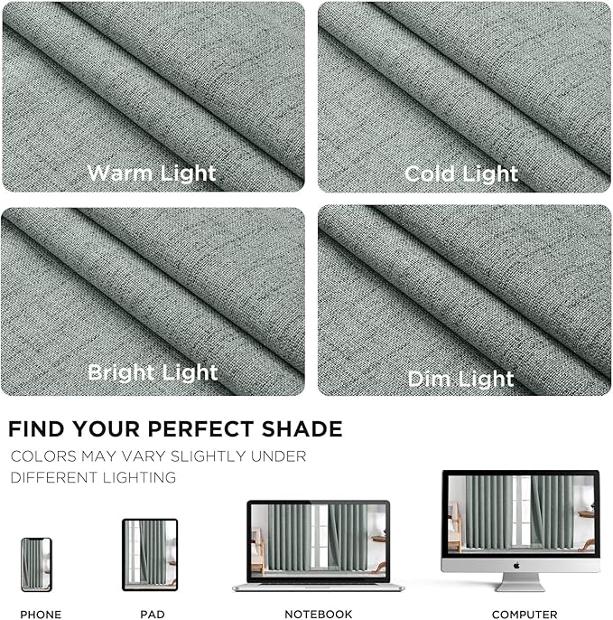 Joydeco 100% Blackout Curtains for Bedroom - Natural Linen Curtains 70" W x 108" L Long, Thermal Insulated 1 Panels Sage Green Light Blocking Drapes, Rod Pocket & Back Tabs for Living Room