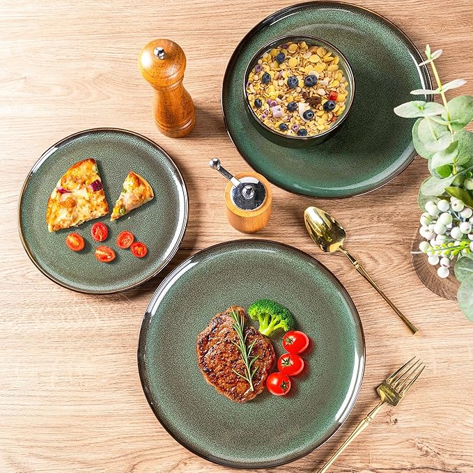 LERATIO Ceramic Dinnerware Sets for 4,12 Pieces Poreclain Plates and Bowls Sets,Scratch Resistant Dishes,Dishwasher & Microwave Saf,Oven Safe Dishes Set,Service for 4-Geen