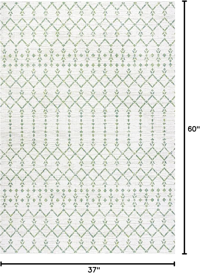 JONATHAN Y Moroccan Geometric Indoor Outdoor Area Rug 3X5 Green/Ivory, Ourika Textured Weave for Backyard, Patio, Porch, Easy-Cleaning, High Traffic, Pet-Friendly, Non-Shedding (SMB108R-3)