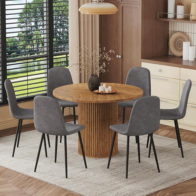 AZmac Round Dining Table Set for 6, Wooden Round Table 7-Piece with Modern Farmhouse Dining Table and 6 Fabric Chairs for Kitchen Dining Room, Wooden Table + 6 Gray Chairs