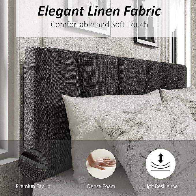 King Size Platform Bed Frame with Modern Upholstered Headboard, Wooden Slats Support, Noise Free, No Box Spring Needed, Easy Assembly, Dark Grey, Linen