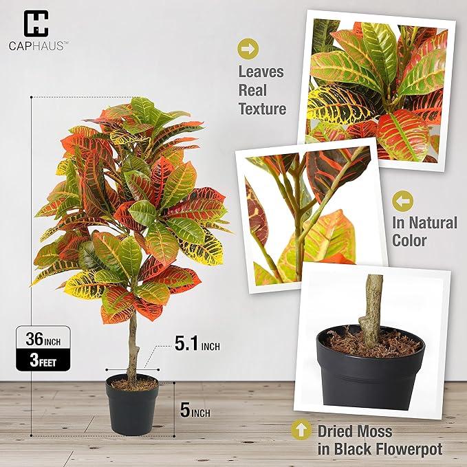 CAPHAUS 36 Inch Artificial Croton Tree Potted Plant - UV Resistant Faux Topiary Plant, Low Maintenance Realistic Indoor Outdoor Decor for Home, Office, Front Porch, Patio
