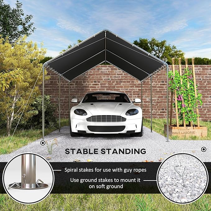 Outsunny 10'x20' Carport Heavy Duty Galvanized Car Canopy with Included Anchor Kit, 3 Reinforced Steel Cables, Grey