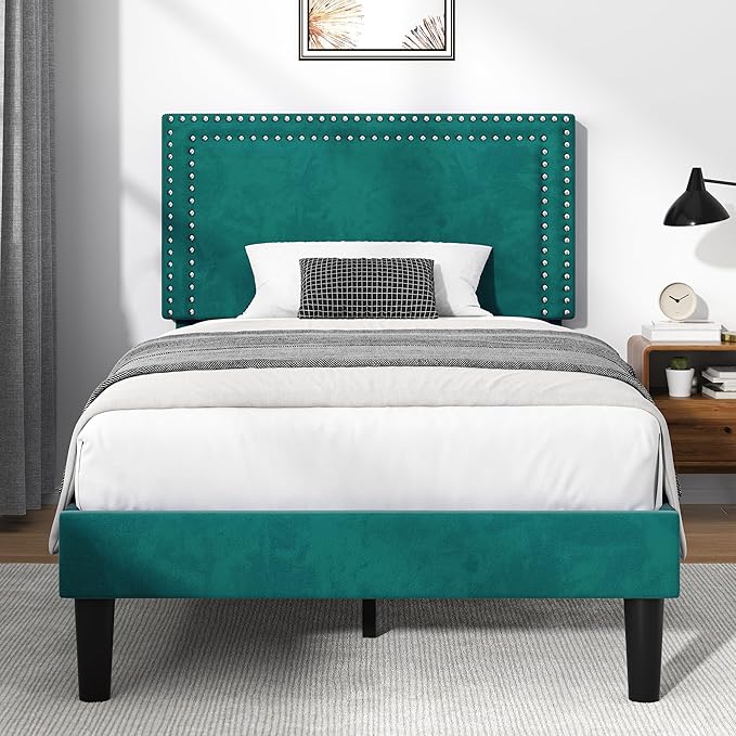 VECELO Twin Size Platform Bed Frame with Height Adjustable Upholstered Headboard, Modern Mattress Foundation,Strong Wood Slat Support, No Box Spring Needed, Easy Assembly