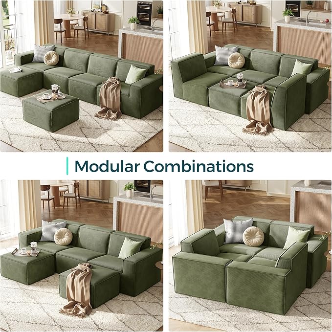 LINSY HOME Modular Sectional Sofa, 105" Boneless Couch L Shaped 3-Seat Sofa with Ottoman, Corduroy Sectional Cloud Couches for Living Room, No Assembly Required, Green