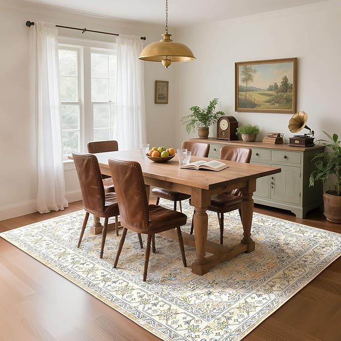 Living Room Rug 6x9 Rug, Machine Washable Area Rug Non Slip Low Pile Vintage Rug for Living Room, Bedroom, Farmhouse, Dining Room, Kids Playroom, Beige