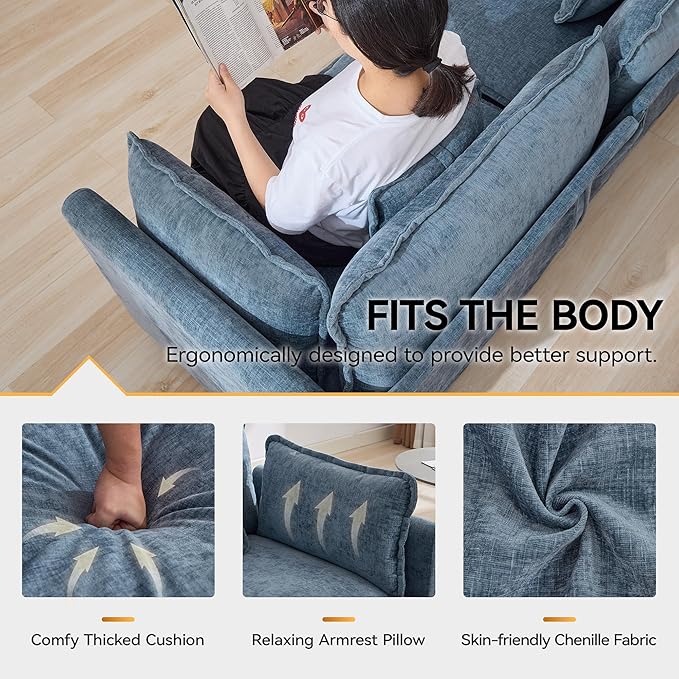 111'' Sectional Cloud Deep Seat Couch, Modern Comfy Chenille Modular Sectional Sofa for Living Room Set, Upholstered Modular 3-Seats Sofa Couch, Blue