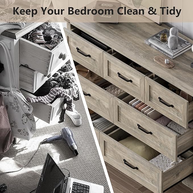 7-Drawer Dresser for Bedroom – 47" Wide Modern Wooden Chest with Natural Wood Texture, TV Stand & Storage, Metal Corner Brackets, Wood Drawer Organizer for Living Room, Hallway