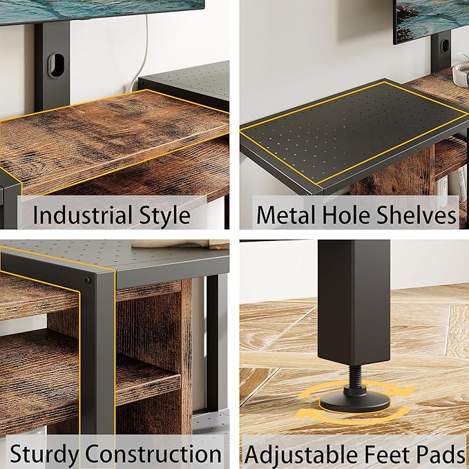 IRONCK 79 Inch TV Stand for TVs up to 85 Inch with Mount and Power Outlet, 3 Tiers TV Console with Storage Shelves, Entertainment Center, Steel Frame, for Living Room, Bedroom, Vintage Brown