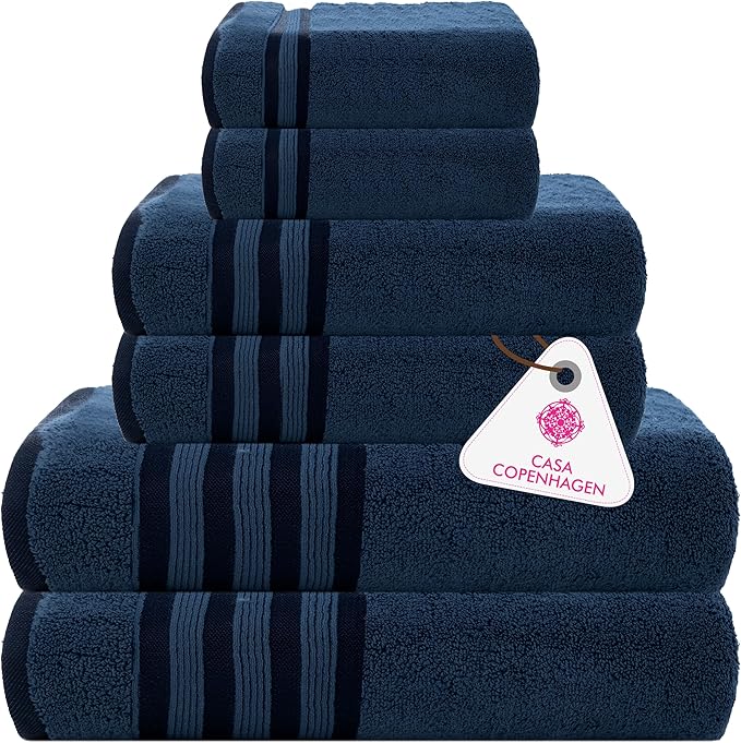 CASA COPENHAGEN Zero Twist, 6 Pieces Set 100% Cotton 0" Twist Towel Set- Dark Blue, 600 GSM, 2 Bath, 2 Hand, 2 Washcloths Made from Egyptian Cotton, Ultra Soft Luxury Towels for Bathroom.