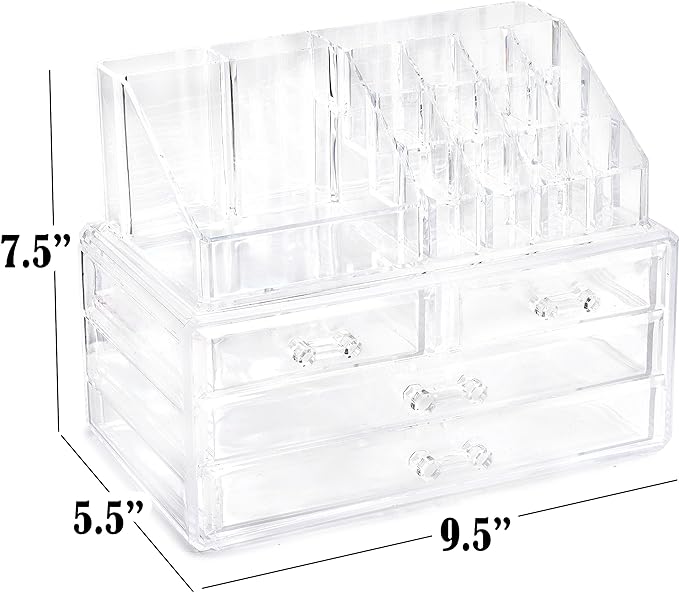 Masirs Clear Makeup Organizer – 16-Compartment Cosmetic and Jewelry Holder, 4-Drawer Vanity Storage, Elegant Clear Design for Makeup and Accessories
