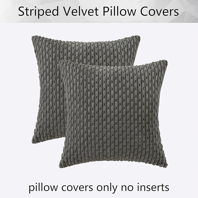 Kevin Textile Set of 2 Soft Striped Velvet Decorative Pillows Covers 16x16 Inch Boho Cushion Covers for Couch 40x40cm Dark Grey