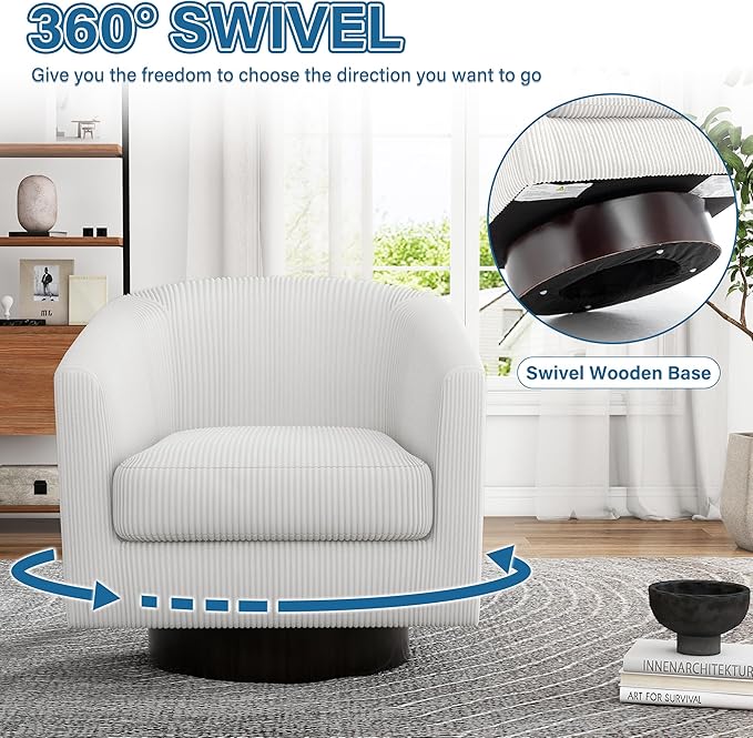 UIXE Swivel Accent Chair, Upholstered Corduroy Barrel Chair for Living Room, Small Single Sofa Bedroom Reading Seat, Beige