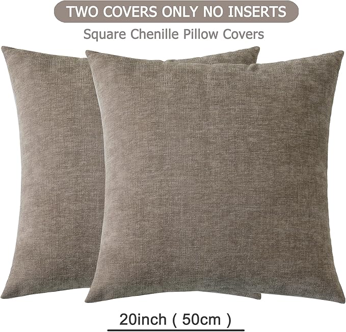 GAWAMAY Decorative Square Throw Pillow Covers 20"x20" Inch Set of 2, Super Soft Chenille Pillows Farmhouse Fall Pillowcase for Living Room Bedroom Sofa Couch Cushion Cover Taupe Grey 50x50cm