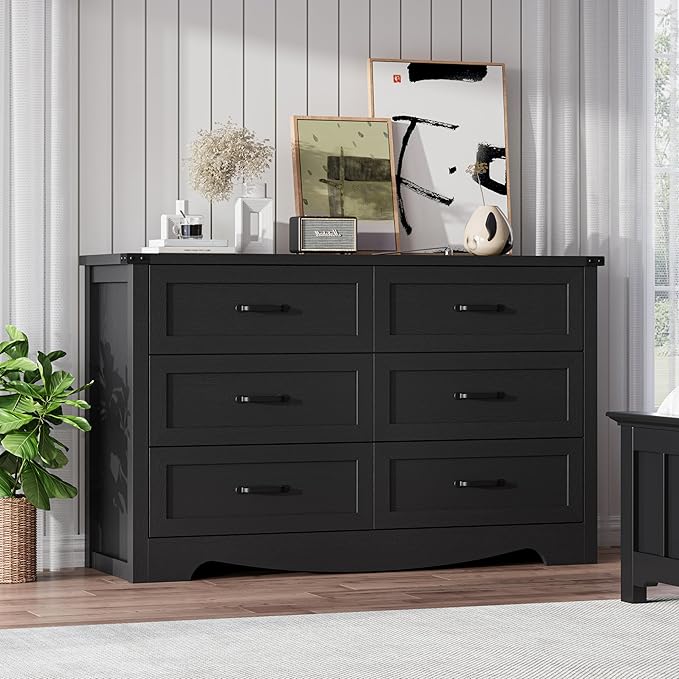 6-Drawer Dresser for Bedroom – 47" Wide Modern Wooden Chest with Natural Wood Texture, TV Stand & Storage, Metal Corner Brackets, Wood Drawer Organizer for Living Room, Hallway