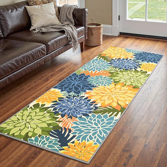 Area Rug 2x6 Yellow Green Washable Entry Rug Multicolored Tropical Botanical Modern Floral Indoor Kitchen Door Mat Entrance Carpet Non Slip for Bedroom Living Room, Porch