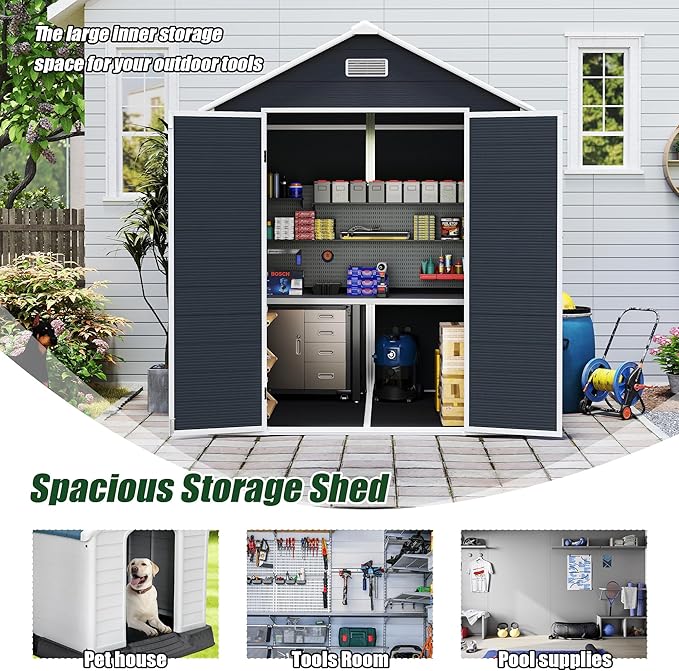 6x6 FT Outdoor Storage Resin Shed with Floor, Plastic Garden Tool Shed with Sloped Roof, Lockable Door & Windows, Easy to Assemble Bike Shed for Lawn, Backyard, Patio, Black