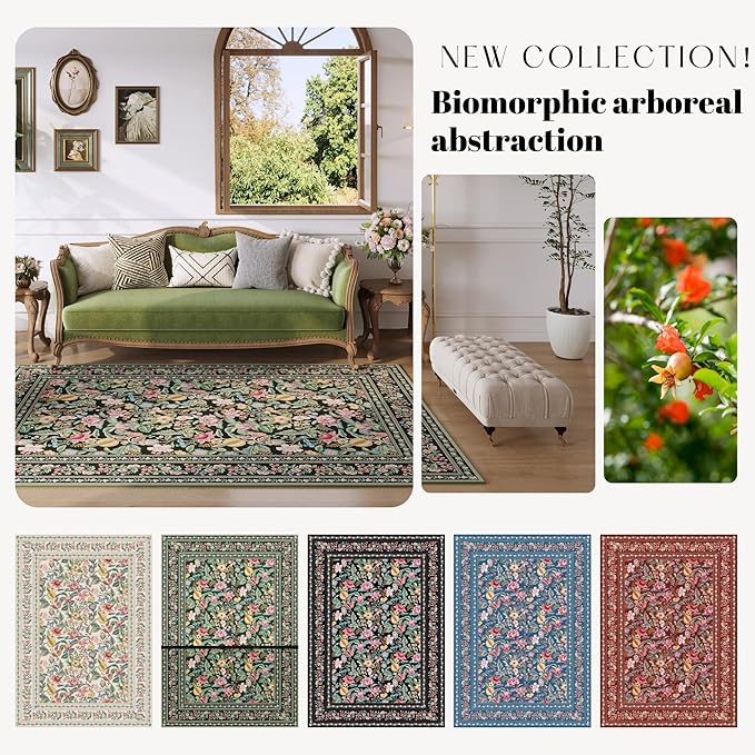 Bedroom Rug 3x5 Rug Washable Area Rug Non Slip Low Pile Vintage Floral Small Carpet for Bedroom, Bedside, Kitchen, Entryway, Kids Room, Office, Green