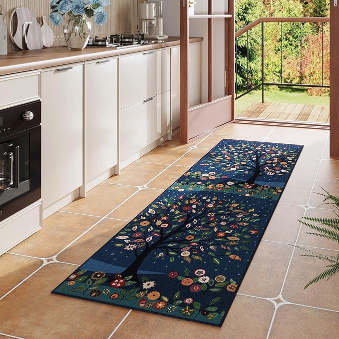 Runner Rug for Kitchen Rug Non Slip 2'x6' Washable Rugs Floral Tree with Rubber Backing Bohemian Soft Carpet Runner for Kitchen, Laundry, Bedroom, Bathroom, Blue