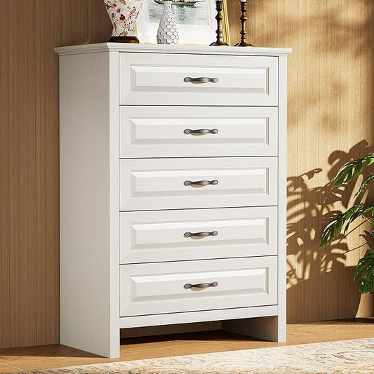 Amada Farmhouse 5 Drawer Dresser for Bedroom with Wood Drawers, Supports up to 22 lbs per Drawer, Anti-Tip Design for Safety, 5 Dresser Drawer Unit for Bedroom, Hallway, White