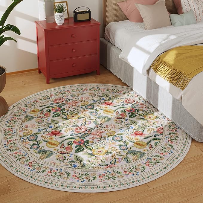 Round Rug 4ft Washable Circle Rug Non Slip Low Pile Vintage Floral Small Circular Rug for Bedroom, Bathroom, Entryway, Kids Room, Office, Beige