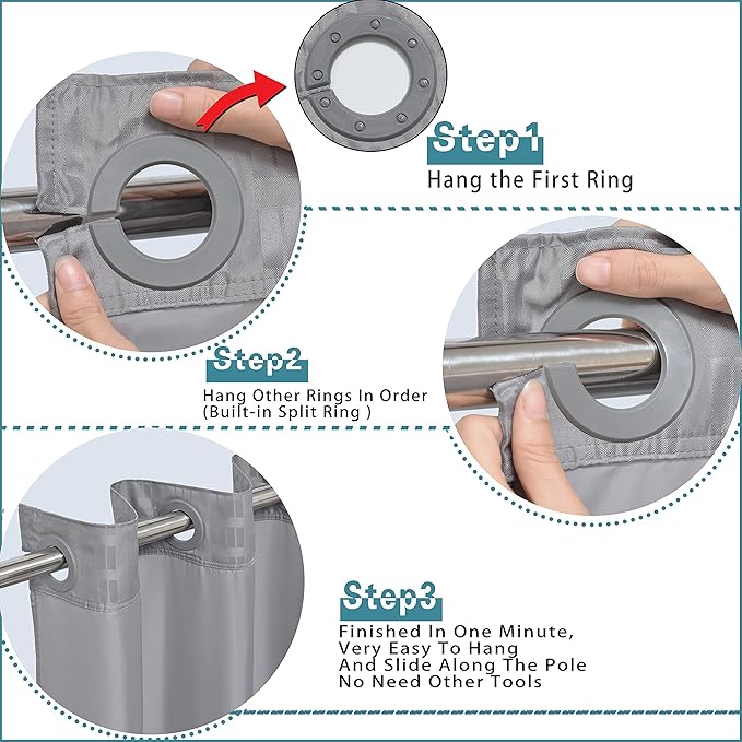 Conbo Mio Stall No Hook Shower Curtain with Snap in Liner Set, Hotel Luxury Grey Shower Curtains for Bathroom with See Through Top Window, Waterproof, Washable 54W x 74H