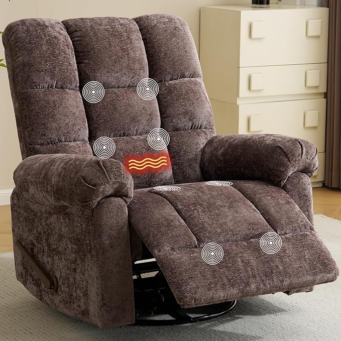 Oversized Swivel Rocker Recliner with Massage and Heat, 26" Extra Wide Manual Recliner for Adults & Big Man, Overstuffed Rocking Chair with High Back for Living Room, Coffee Chenille