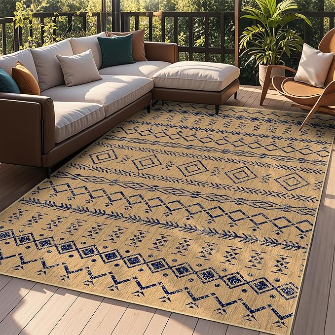 Indoor Outdoor Area Rug Washable Patio Rug Modern Moroccan Geometric Indoor Outdoor Carpet Rug Non Slip Non Shedding for Patio, Deck, Backyard, Porch (8x10)
