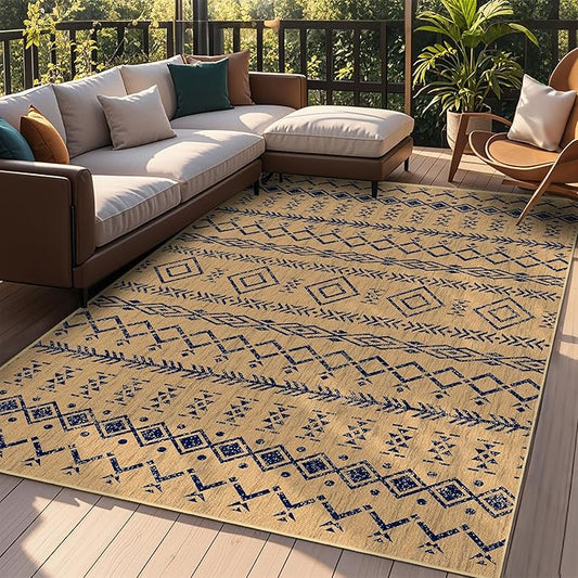 Indoor Outdoor Area Rug Washable Patio Rug Modern Moroccan Geometric Indoor Outdoor Carpet Rug Non Slip Non Shedding for Patio, Deck, Backyard, Porch (8x10)