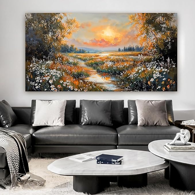 Canvas Wall Art Decor Large Vintage Wildflower Wall Art Prints Canvas Wall Art for Living Room River Sunset Art Work for Wall Decor Oversized Artwork for Walls Bedroom Office Wall art Decor 29" X 58"