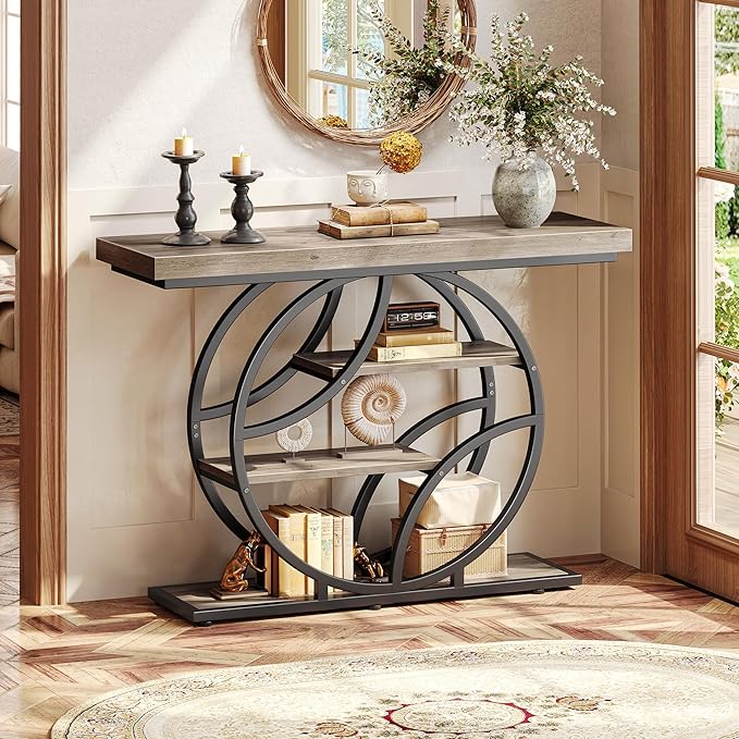 Huuger 41.3 Inch Entryway Table, Modern Console Sofa Table, Accent Table with Shelves, for Entry, Hallway, Entrance, Foyer, O-Shaped Metal Frame, Grey