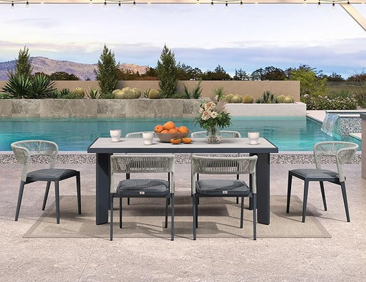 PURPLE LEAF 7 Pieces Outdoor Dining Set Patio Table and Chairs Set Aluminum Wicker Rattan Patio Furniture Set for Lawn Garden Porch Beige Marble Color Outdoor Set