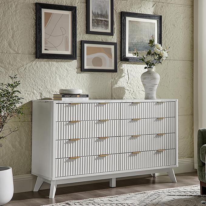 T4TREAM Fluted 8 Drawers Dresser, 54" Wide Modern Chest of Drawers with Faux Marble Top, Curved Profile Design, Dresser TV Stand, Wood Drawer Organizer for Bedroom, Living Room, Hallway, Solid White