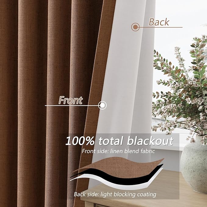 Guken 100% Blackout Linen Curtains 120 Inch Length 2 Panels Set for Living Room Bedroom Back Tab Thermal Insulated Black Out Linen Drapes Room Darkening Window Curtains,Caramel Brown