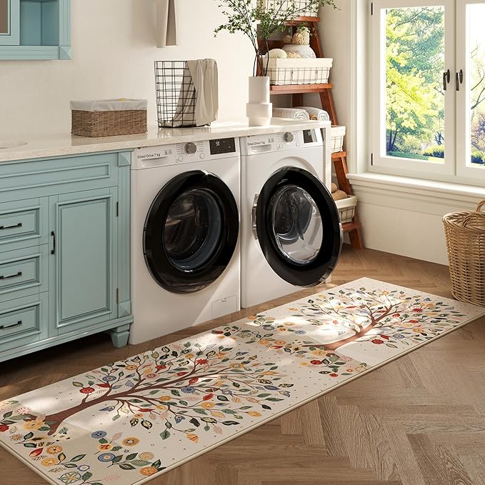 Runner Rug for Kitchen Rug Non Slip 2'6"x8' Washable Rugs Bohemian with Rubber Backing Floral Tree Soft Carpet for Kitchen, Laundry, Bedroom, Bathroom, Beige