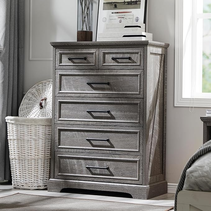 6 Drawer Dresser, Farmhouse Chest of Drawers for Bedroom, 44" Tall Dresser with Large Metal Handles, Wood Drawer Organizer for Living Room, Hallway, Closet - Grey