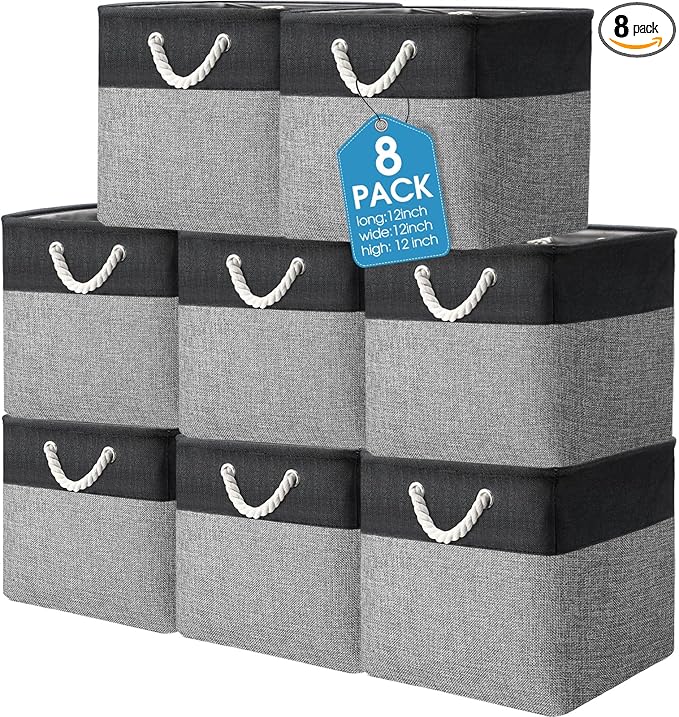 meekoo 8 Pack Collapsible Storage Bins Fabric Storage Bins Polyester Fabric Baskets with Handles Linen Closet Organizer for Shelf Home Closet Towels Toys(12 x 12 x 12in,Black Gray)