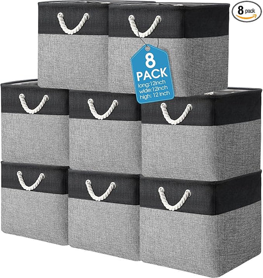 meekoo 8 Pack Collapsible Storage Bins Fabric Storage Bins Polyester Fabric Baskets with Handles Linen Closet Organizer for Shelf Home Closet Towels Toys(12 x 12 x 12in,Black Gray)