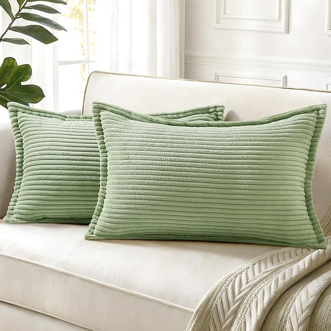 decorUhome Corduroy Sage Green Throw Pillow Covers 12x20 Set of 2 Decorative Soft Boho Striped Lumbar Neutral Euro Farmhouse Couch Pillow Covers with Broadside for Living Room Bed Sofa