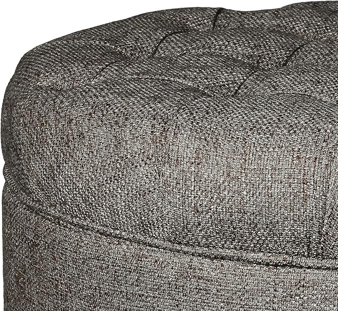 Homepop Home Decor | Button Tufted Woven Round Storage Ottoman | Ottoman with Storage for Living Room & Bedroom (Dark Gray)