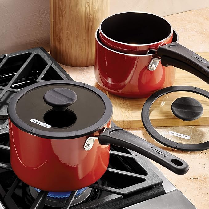 Tramontina Aluminum Non Stick 6-Piece Nesting Sauce Pan Set with Lids - Red, Kitchen Nonstick Cookware Set, Dishwasher and Oven Safe