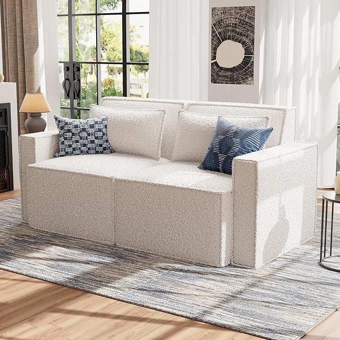 ELUCHANG Oversized Loveseat Sofa,Modern Boucle Sectional Sleeper Sofa with Strong Wood Frame,High Supportive & Soft Sponges Comfy Upholstered Couch Deep Seat Couch for Living Room Apartment White