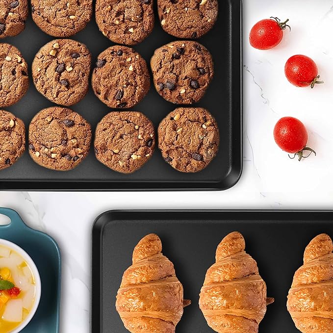 Herogo Nonstick Carbon Steel Baking Sheet Pan Set, 11.8×15.7×1 Inch Rectangle Cookie Sheet Bakeware Set for Oven, 2 Pack Multipurpose Kitchen Cookware, Non Toxic & Heavy Duty & Easy Clean-Large