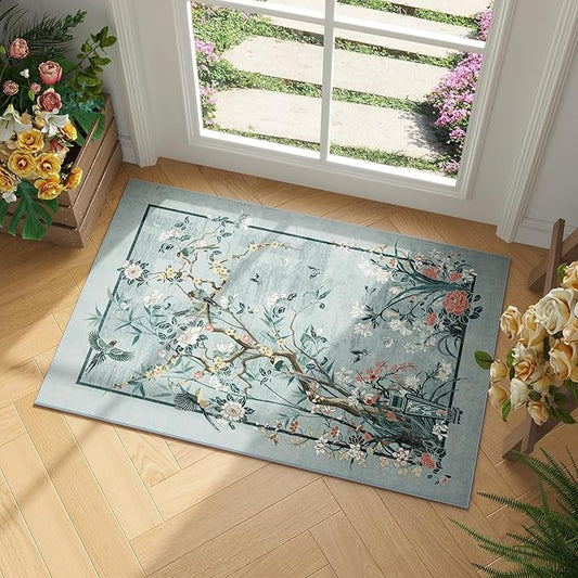 Door Mat Indoor Entrance 2x3 Rug Chinoiserie-Style Floral Vintage Machine Washable Small Area Rug Non-Slip Low Pile Throw Rugs for Entryway, Kitchen, Front Door, Entry, Kids Room, Blue