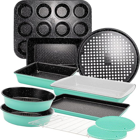 KITCHENATICS 12-Pc Carbon Steel Baking Pans Set Nonstick, Kitchen Essentials for New Home, Nonstick Bakeware Sets w/Cake Pans, Muffin Top Pans Non Stick, Oven Pan - Stackable Bakeware Set, Turquoise