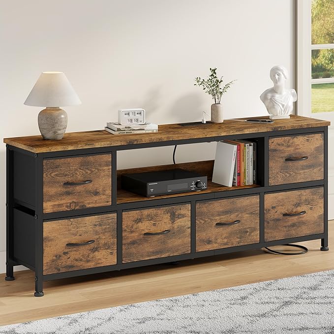 Lulive TV Stand for Living Room, LED Rustic Brown Dresser for Bedroom with 6 Fabric Drawers,43 55 60in TV Stand with Power Outlet, Entertainment Center with Open Shelf