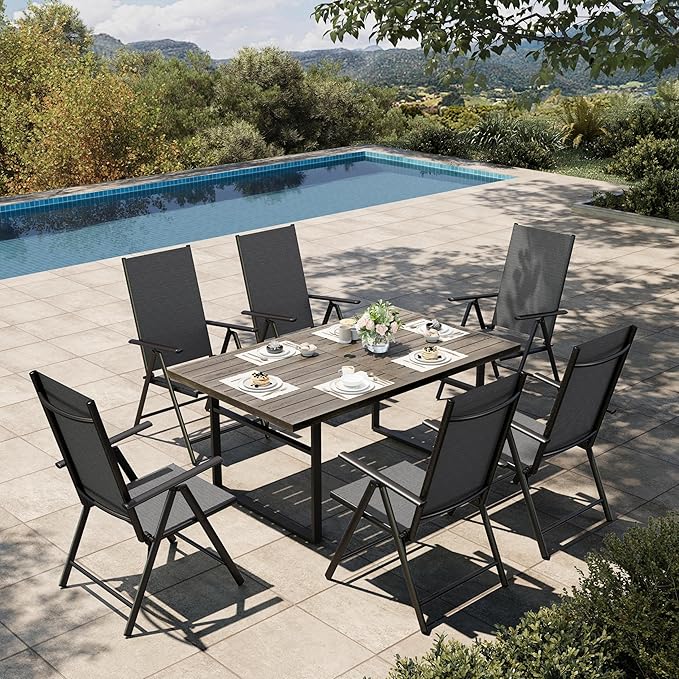 HERA'S HOUSE 7-Piece Outdoor Dining Set for 6, 64" Weather-Resistant Metal Patio Table with 6 Foldable Black Chairs, Perfect for Garden, Backyard, Porch & Lawn (Space-Saving Design)